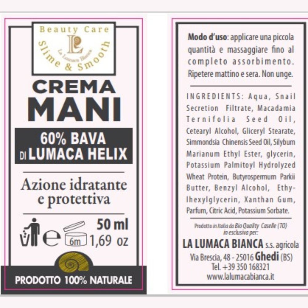 Etichetta Crema mani con il 60% di bava di lumaca. Prodotto naturale al 100% utile per idratare e proteggere la pelle delle mani - Ghedi (BS) - La Lumaca Bianca