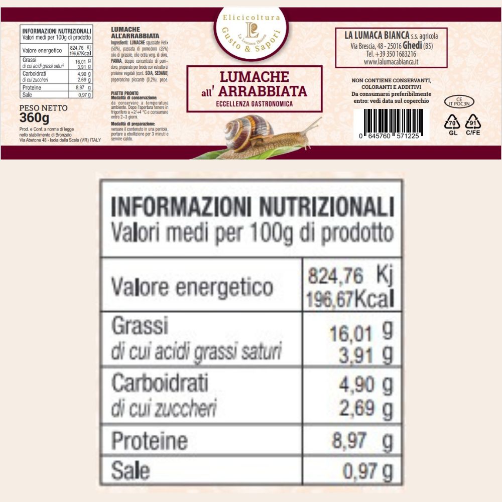 Etichetta barattolo in vetro di lumache all'arrabbiata. Un'eccellenza gastronomica biologica. Composta da carne chiocciole Helix, sugo di pomodoro, aromi e spezie naturali. 100 grammi di prodotto contengono 198 calorie, 16 gr di graasi, 5 gr di carboidrati, 9 gr di proteine. Prodotto Biologico e italiano. 360 gr - Ghedi (BS) - La Lumaca Bianca