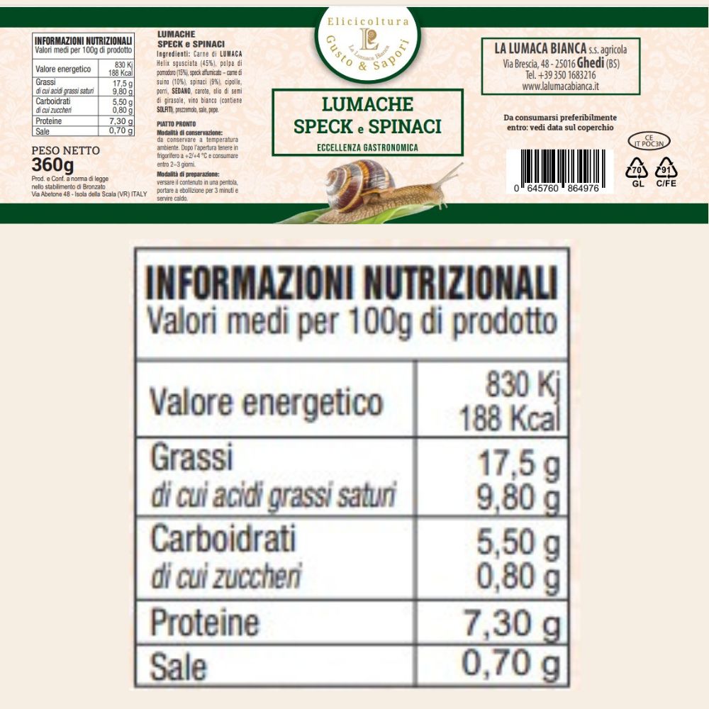 Etichetta del piatto pronto in vetro lumache speck e spinaci. Eccellenza gastronomica biologica composta da lumache biologiche, spinaci freschi, speck affumicato e altri condimenti e aromi. 360 gr - Ghedi (BS) - La Lumaca Bianca