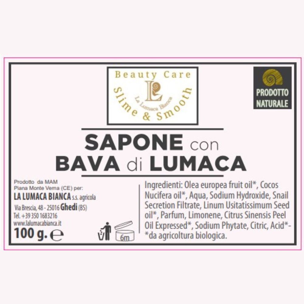 Etichetta saponette o sapone con 20% bava di lumaca detergente, idratante e nutriente - Ghedi (BS) - La Lumaca Bianca