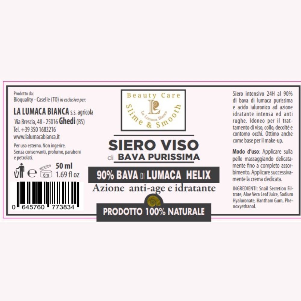 Etichetta siero viso anti-age con azione idratante e composto dal 90% di bava di lumaca. indicato per pelli problematiche e mature. Prodotto 100% naturale - Ghedi (BS) - La Lumaca Bianca