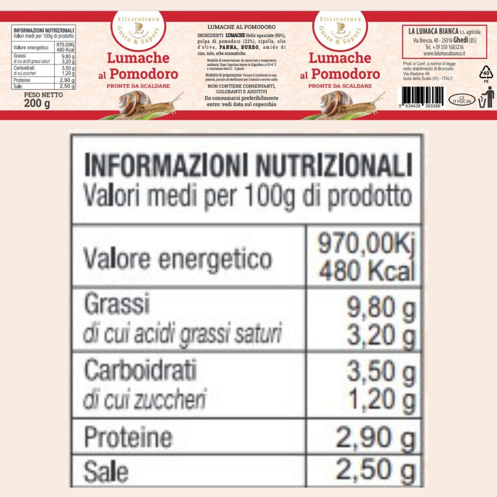 Etichetta delle lumache al pomodoro in lattina. Piatto pronto da 200 gr.  Pronto per essere assaporato in soli 3 minuti. Valori nutrizionali per 100gr di prodotto: 480 calorie, 10 gr di grassi, 3,5 gr di carboidrati, 2,9 gr di proteine. Prodotto in Italia da La Lumaca Bianca - Ghedi