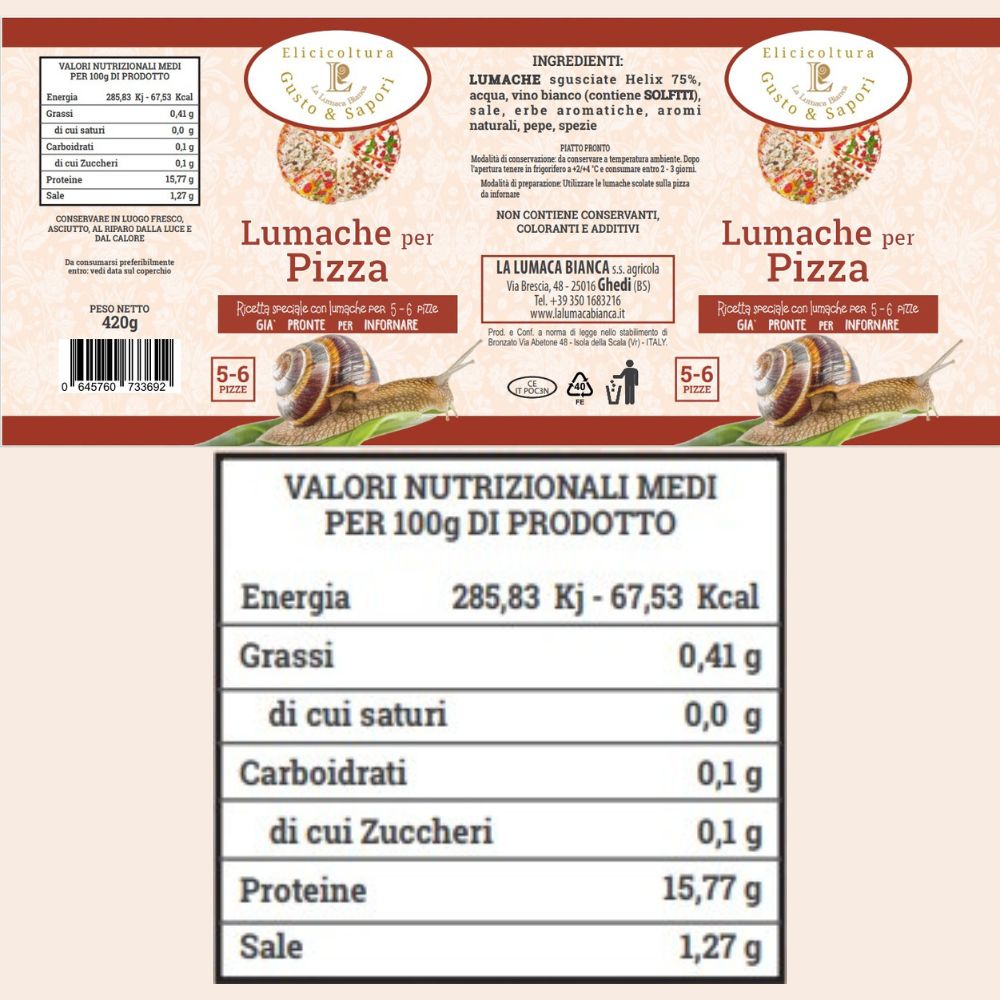 Etichetta della sugo per pizze in lattina. Lumache per pizza da scolare direttamente sulle pizze da infornare. Peso netto 420 gr. , adatto per la preparazione di 5 - 6 pizze. La Lumaca Bianca -  Ghedi