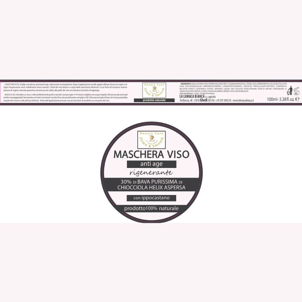 Etichetta maschera viso anti-age rigenerante con 30% bava di lumaca e ippocastano. 100% naturale - Ghedi (BS) - La Lumaca Bianca